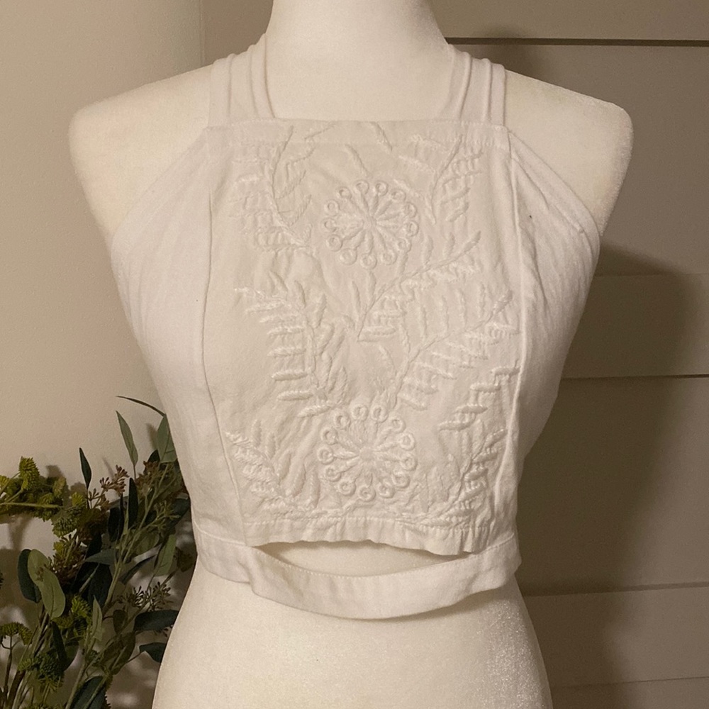 White Embroidered Open-Back Crop Top